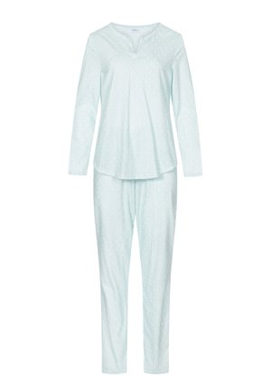 Set pigiama azzurro chiaro con maniche lunghe e pantaloni, caratterizzato da un motivo a pois sottile e una vestibilità comoda. Realizzato in tessuto morbido.