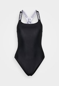 Maillot de bain une pièce noir avec des bretelles blanches croisées arborant le logo "arena". Tissu lisse et extensible, col haut et découpe modérée des jambes.