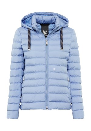 Hellblaue, gesteppte Kapuzenjacke mit schwarzen Kordeln, Frontreißverschluss und zwei seitlichen Reißverschlusstaschen, entworfen für kaltes Wetter.