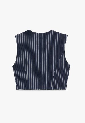 Mørkeblå ærmeløs cropped top med lodrette hvide striber, rund halsudskæring og vinklede sidesømme.