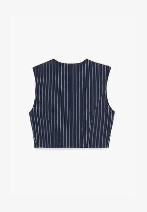 Mørkeblå ærmeløs cropped top med lodrette hvide striber, rund halsudskæring og vinklede sidesømme.