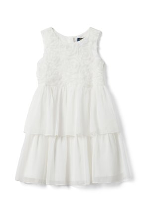 Mouwloze witte jurk voor meisjes met een lijfje met rozenpatroon en een gelaagde tule rok, tot op de knie, ontworpen voor formele gelegenheden.