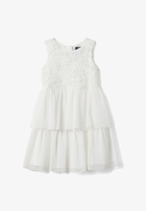 Vestido blanco sin mangas para niña con cuerpo de patrón de rosas y falda de tul en capas hasta la rodilla, diseñado para ocasiones formales.