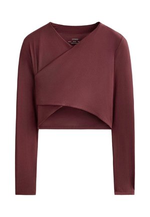 Burgundy long-sleeve cropped top with ribbed texture, wrap design, and a rounded neckline. Features smooth stitching and finished hems.