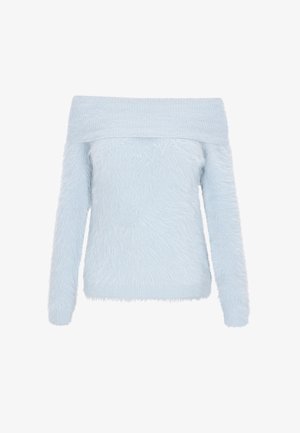 Jasnoniebieski sweter na ramiączkach wykonany z puszystego materiału. Długie rękawy z prążkowanym dekoltem; miękka tekstura i lekkie wykonanie.