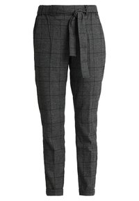 Pantalons à carreaux gris avec une taille nouée, jambe fuselée et poches latérales. Fabriqués dans un tissu doux avec une texture lisse.