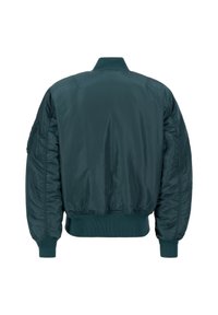 Tyrkysová bomber bunda s hladkým, lesklým povrchom, ribbovanými manžetami a pásom, bočnými vreckami a uvoľneným strihom.