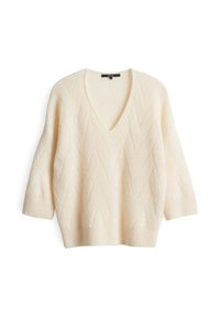 Cremefarbenes, gestricktes V-Ausschnitt-Sweatshirt mit fallenden Schultern und dreiviertellangen Ärmeln, das ein dezentes strukturiertes Chevron-Muster aufweist.