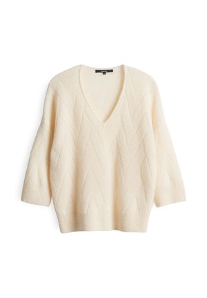 Cream-colored knitted V-neck sweater with drop shoulders and three-quarter length sleeves, featuring a subtle textured chevron pattern.