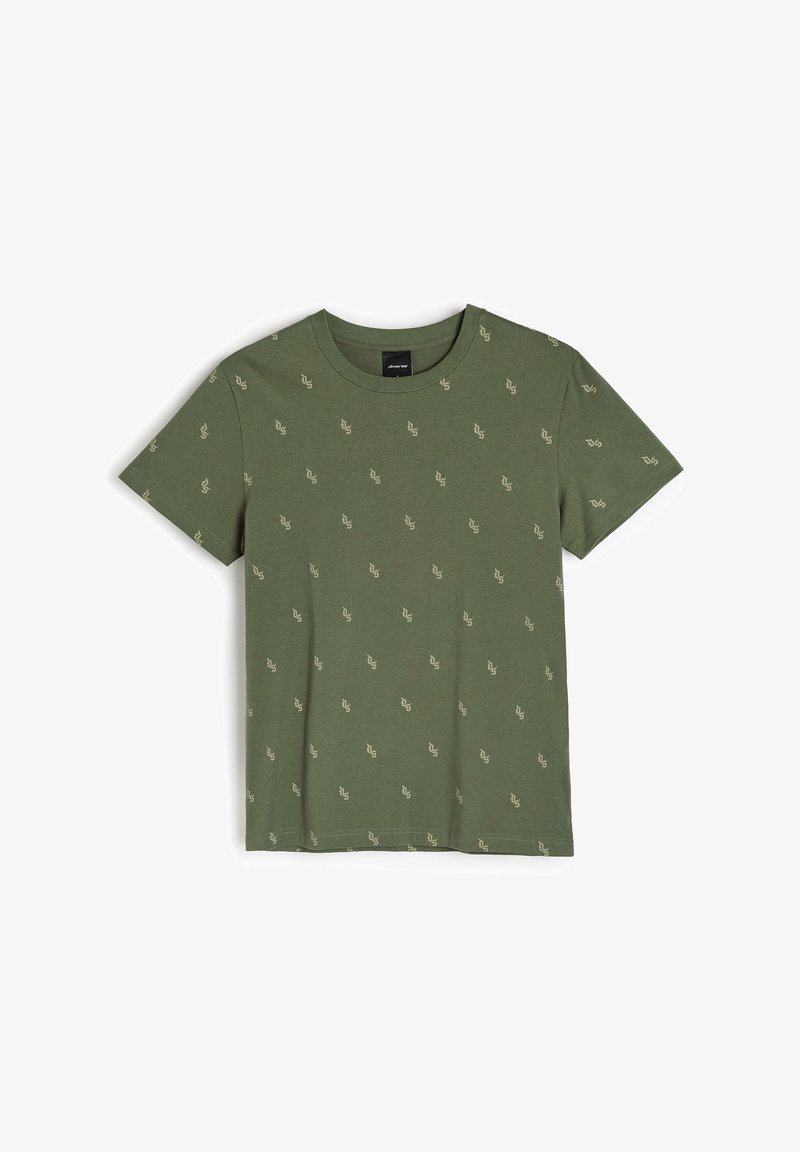 Oliwkowa bawełniana koszulka z krótkim rękawem, z powtarzającym się jasnobeżowym wzorem logo na całej powierzchni oraz okrągłym dekoltem.