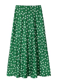 Jupe verte à pois, avec un design fluide arborant des motifs circulaires blancs, une texture douce et une coupe au genou. Taille élastique.