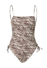Bruine en crèmekleurige zebra-gepatenteerde zwempak in één stuk met verstelbare bandjes en een trekkoord aan de zijkanten, gemaakt van rekbare stof.