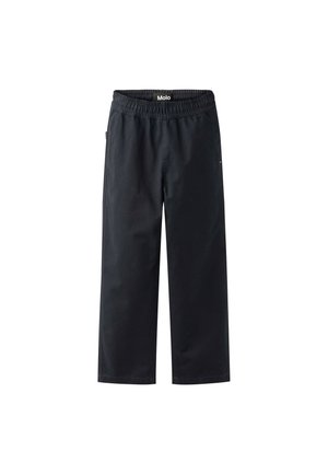 Svarte, vide bukser laget av lett materiale. Har elastisk linning og sidelommer. Glatt tekstur uten synlige mønstre eller detaljer.