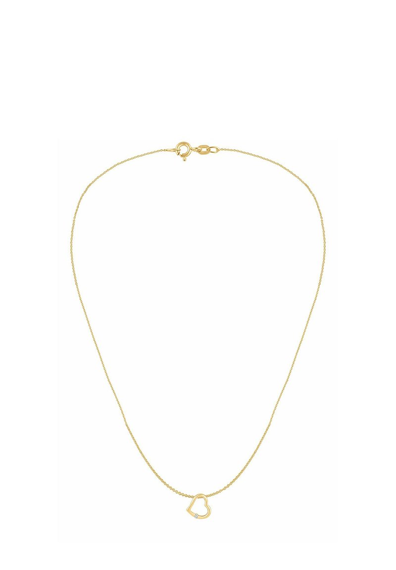 Naszyjnik z łańcuszkiem w kolorze złota z zawieszką w kształcie serca, ozdobioną małym osadzonym kamieniem szlachetnym. Prosty, delikatny design odpowiedni do codziennego noszenia.