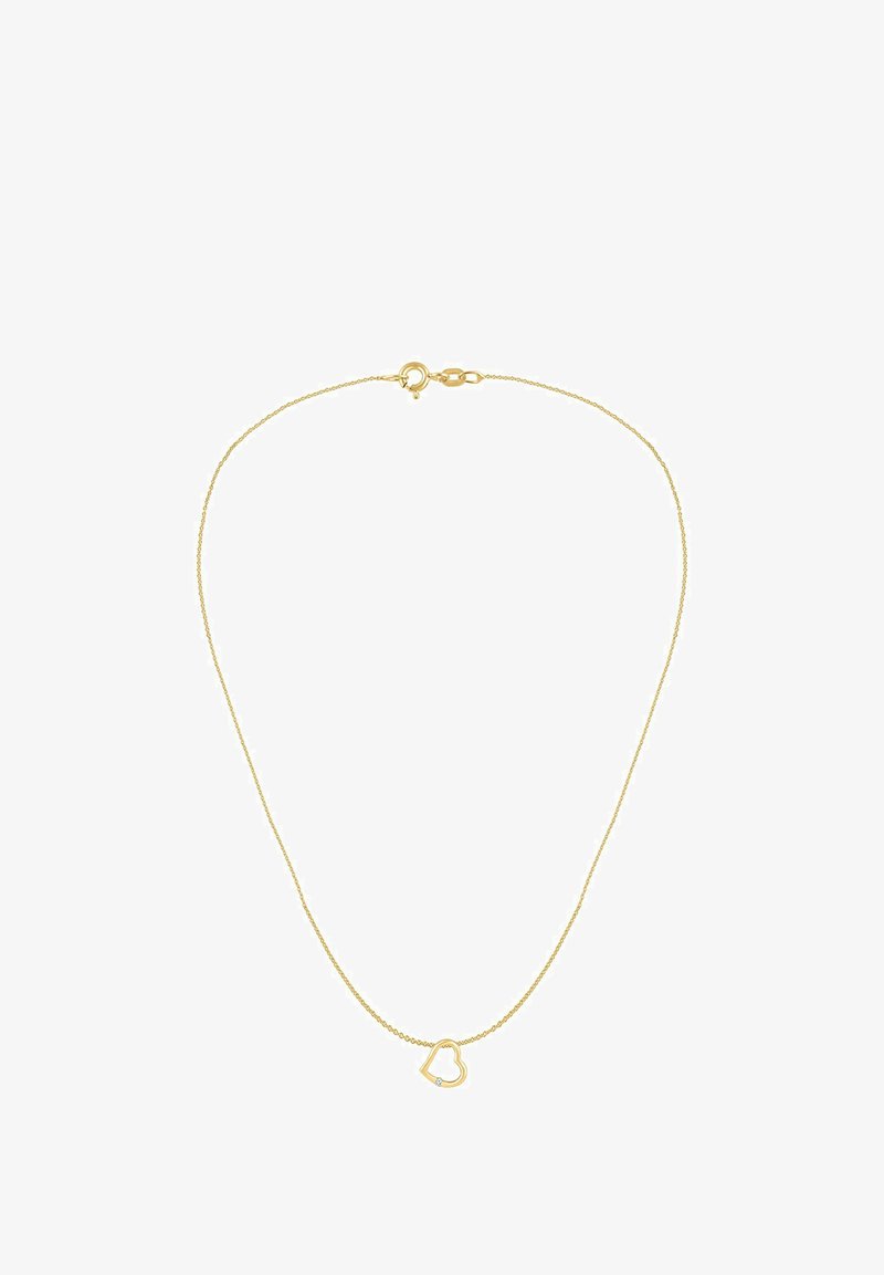 Naszyjnik z łańcuszkiem w kolorze złota z zawieszką w kształcie serca, ozdobioną małym osadzonym kamieniem szlachetnym. Prosty, delikatny design odpowiedni do codziennego noszenia.