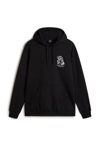 Sudadera negra de mezcla de algodón, con bolsillo frontal, capucha con cordones y estampado gráfico blanco en el lado izquierdo del pecho. Mangas largas.