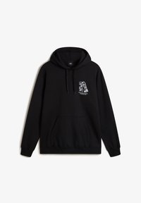 Sudadera negra de mezcla de algodón, con bolsillo frontal, capucha con cordones y estampado gráfico blanco en el lado izquierdo del pecho. Mangas largas.