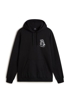 Sudadera negra de mezcla de algodón, con bolsillo frontal, capucha con cordones y estampado gráfico blanco en el lado izquierdo del pecho. Mangas largas.