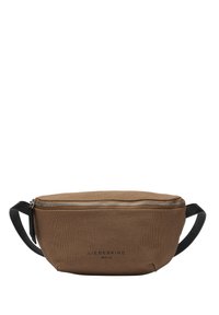 Brun stof taljevask med sorte justerbare stropper og sølv lynlås, mærket "Liebeskind Berlin" foran.