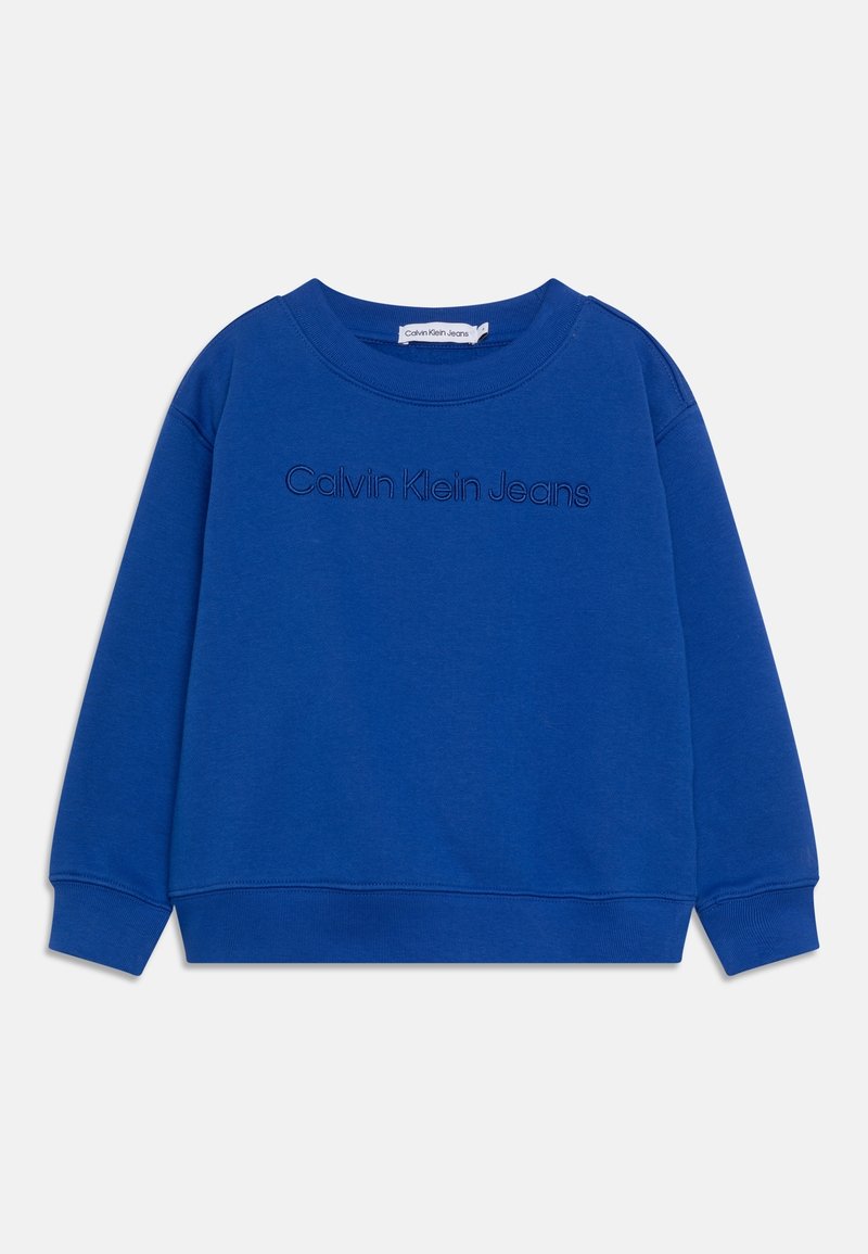 Sudadera azul hecha de mezcla de algodón con cuello redondo, puños y dobladillo acanalados, con el logo bordado "Calvin Klein Jeans" en la parte delantera.