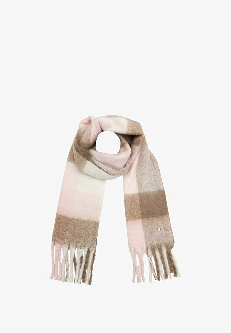 Miękki wełniany szalik z szerokimi poziomymi paskami w odcieniach beżu, różu i bieli, z frędzlami na końcach oraz małym złotym kwadratowym logo.