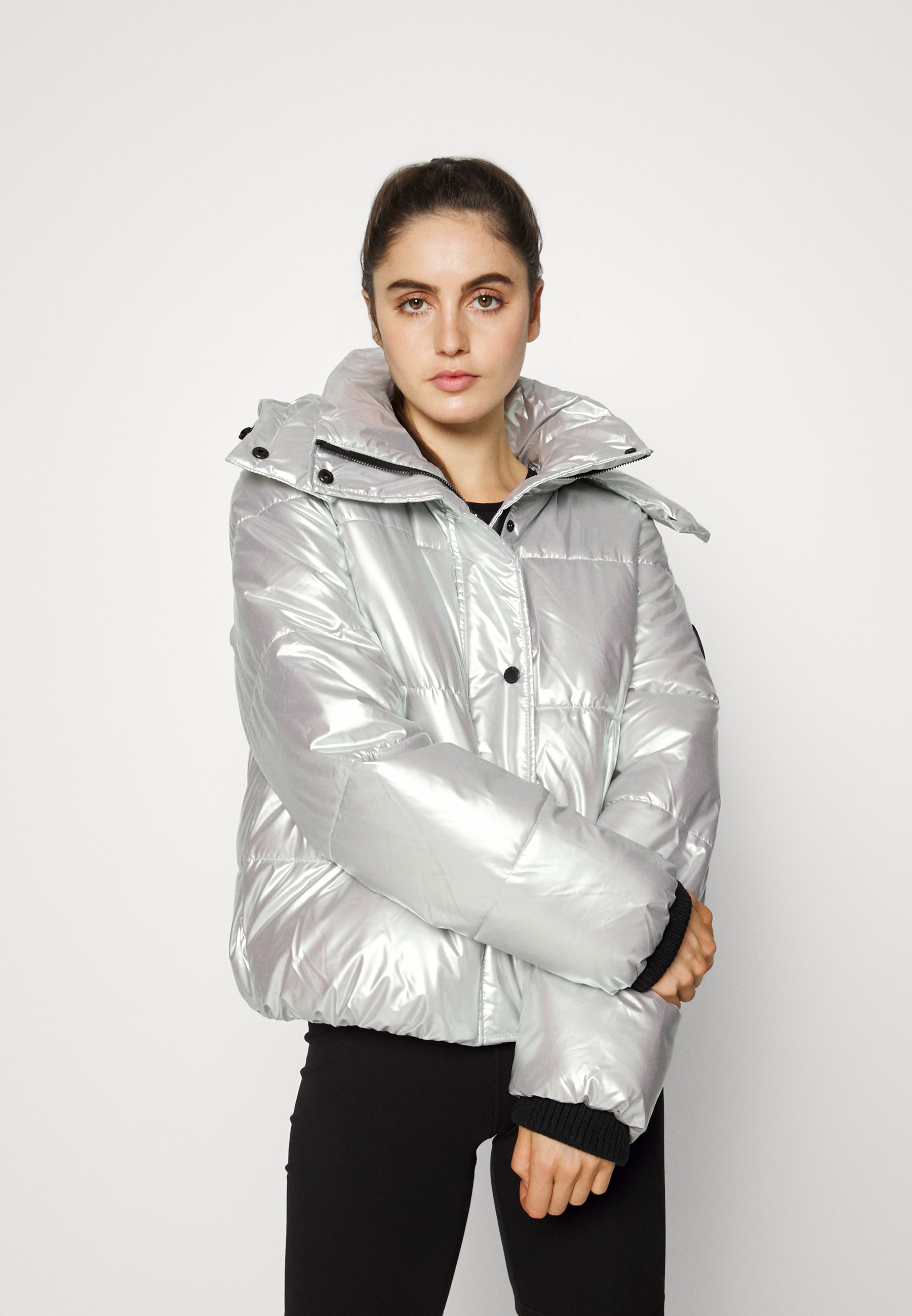 dkny silver puffer coat