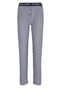 Navy en witte gestreepte pyjamabroek met elastische tailleband, voorzien van het "TOM TAILOR" logo en een knoopsluiting aan de voorkant. Lichtgewicht stof, recht model.