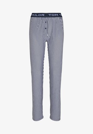 Pantaloni da pigiama a righe blu navy e bianche con elastico in vita, caratterizzati dal logo "TOM TAILOR" e chiusura con bottone anteriore. Tessuto leggero, design a gamba dritta.