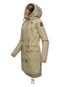 Beige parka with a faux fur-lined hood, adjustable drawstrings, front pockets, and brown hardware details. Smooth fabric with a relaxed fit.