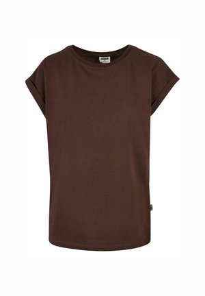 Braunes Baumwoll-T-Shirt mit kurzen, umgeschlagenen Ärmeln, runder Ausschnitt und lockerer Passform. Verfügt über ein kleines Etikett an der Seitennaht.