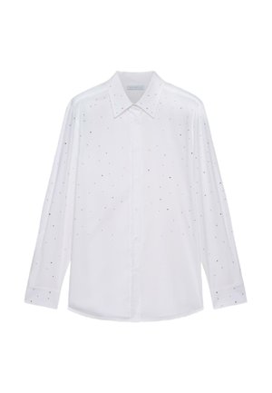 Weißes langärmeliges, geknöpftes Hemd mit spitzem Kragen und einem verstreuten kleinen schwarzen Sprenkelmuster auf dem Stoff.