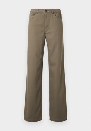 Wide-leg trousers in olive green cotton, featuring a button closure, belt loops, and five-pocket design with a smooth, durable texture.