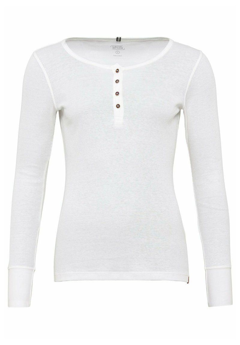 Weißes Langarm-Henley-Shirt aus ribbeligem Material mit rundem Halsausschnitt und fünf dunklen Knöpfen auf der Vorderseite.