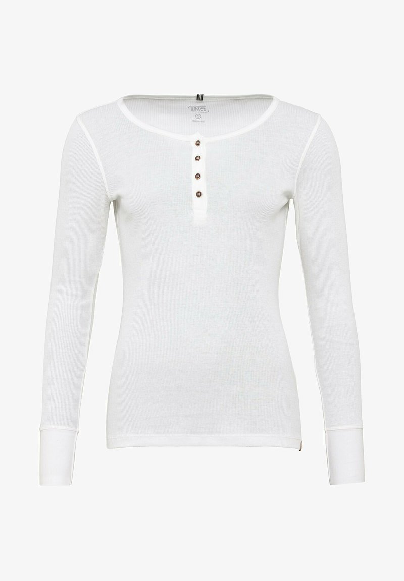Weißes Langarm-Henley-Shirt aus ribbeligem Material mit rundem Halsausschnitt und fünf dunklen Knöpfen auf der Vorderseite.