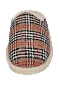 Plaid slipper features a brown, black, and red pattern with a soft white lining and a rounded shape. Lightweight with a cushioned sole.