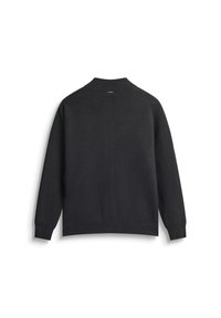 Maglione nero a maniche lunghe in maglia con colletto, polsini e orlo a coste, mostrato di schiena su uno sfondo bianco.
