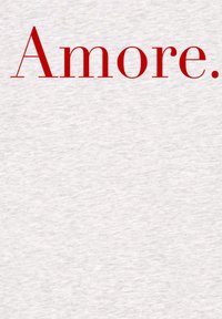 Lichtgrijze stofachtergrond met vetgedrukte rode tekst die "Amore" zegt. De tekst heeft een gladde textuur en een modern, sans-serif lettertype.