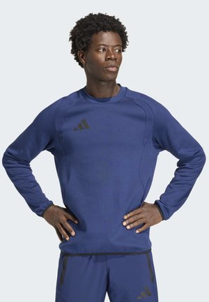 Młody mężczyzna z kręconymi włosami stoi z rękami na biodrach, ubrany w niebieską sportową bluzę Adidas i dopasowane spodnie, patrząc w bok.