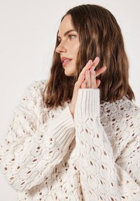 Cremfarbener Strickpullover mit Spitzenmuster, gerippten Bündchen und lockerer Passform, der die komplizierte Textur und offene MaschenDetails zur Schau stellt.