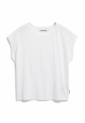 Witte T-shirt met korte mouwen en een ronde hals, gemaakt van zacht materiaal. Heeft een losse pasvorm en onafgewerkte randen bij de mouwen en zoom.