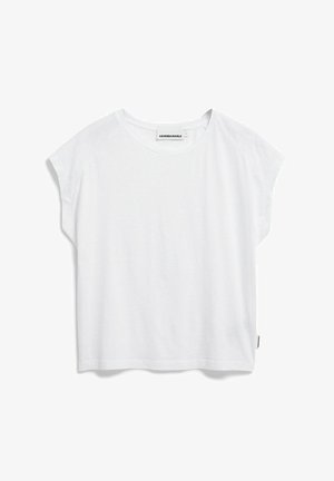 Witte T-shirt met korte mouwen en een ronde hals, gemaakt van zacht materiaal. Heeft een losse pasvorm en onafgewerkte randen bij de mouwen en zoom.