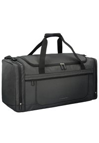Sac de sport noir, fabriqué en tissu texturé, doté de deux poignées supérieures, d'un compartiment principal avec fermeture éclair et d'une poche avant à fermeture zippée.
