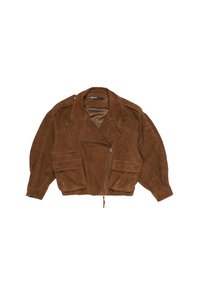 Pruun seemisnahast lühike jakk laiade mütsidega, asümmeetrilise eest lukuga, kahe suure ees taskuga ning elastsete äärete ja varrukatega.