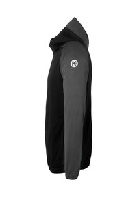 Zwart en grijs jack met een capuchon, voorzien van een kenmerkend logo op de mouw, een gladde textuur en elastische manchetten.