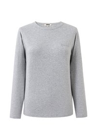 Hellesgraues Langarm-crewneck-Shirt mit kleinem gesticktem Logo auf der linken Brust und lockerer Passform.