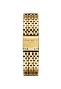 Goldfarbene Armbanduhr mit einem Metallmesh-Armband, rechteckigem Gehäuse und einem Verschluss, der mit "ROSEFIELD AMS|NYC" graviert ist. Ganze Uhr mit glatter Metalloberfläche.