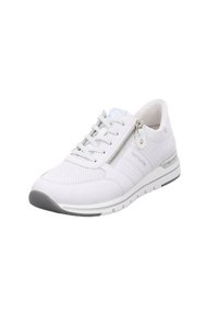Scarpa da ginnastica bianca con tomaia texturizzata, chiusura con lacci, zip laterale e dettagli grigi. Presenta una suola imbottita per garantire comfort.