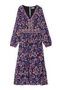 Vestido floral morado con mangas largas, escote en V y un cuerpo con estampado. El material es suave, con una falda fluida y una cintura fruncida.