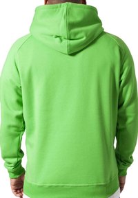 Felpa verde con cappuccio, dal texture morbida, presenta un cappuccio foderato e polsini a costine, mostrata da dietro, evidenziando il suo colore vivace.