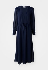 Navy blue dress with a V-neck, long sheer sleeves, and a cinched waist. Features a tie belt and side slits for ease of movement.